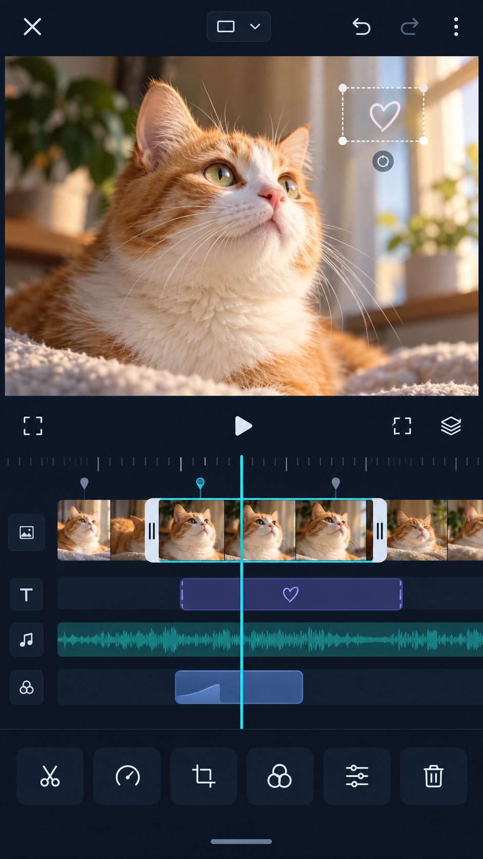 猫の素材動画をタイムラインで編集している画面