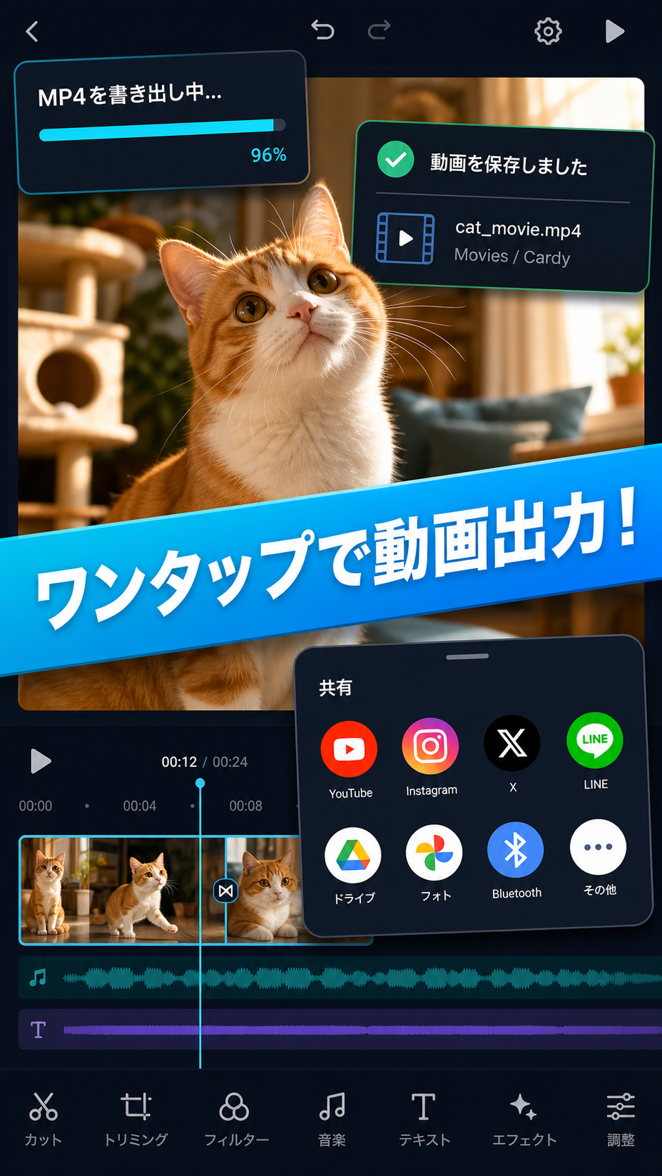 猫の動画をMP4として書き出し、共有するアプリ画面